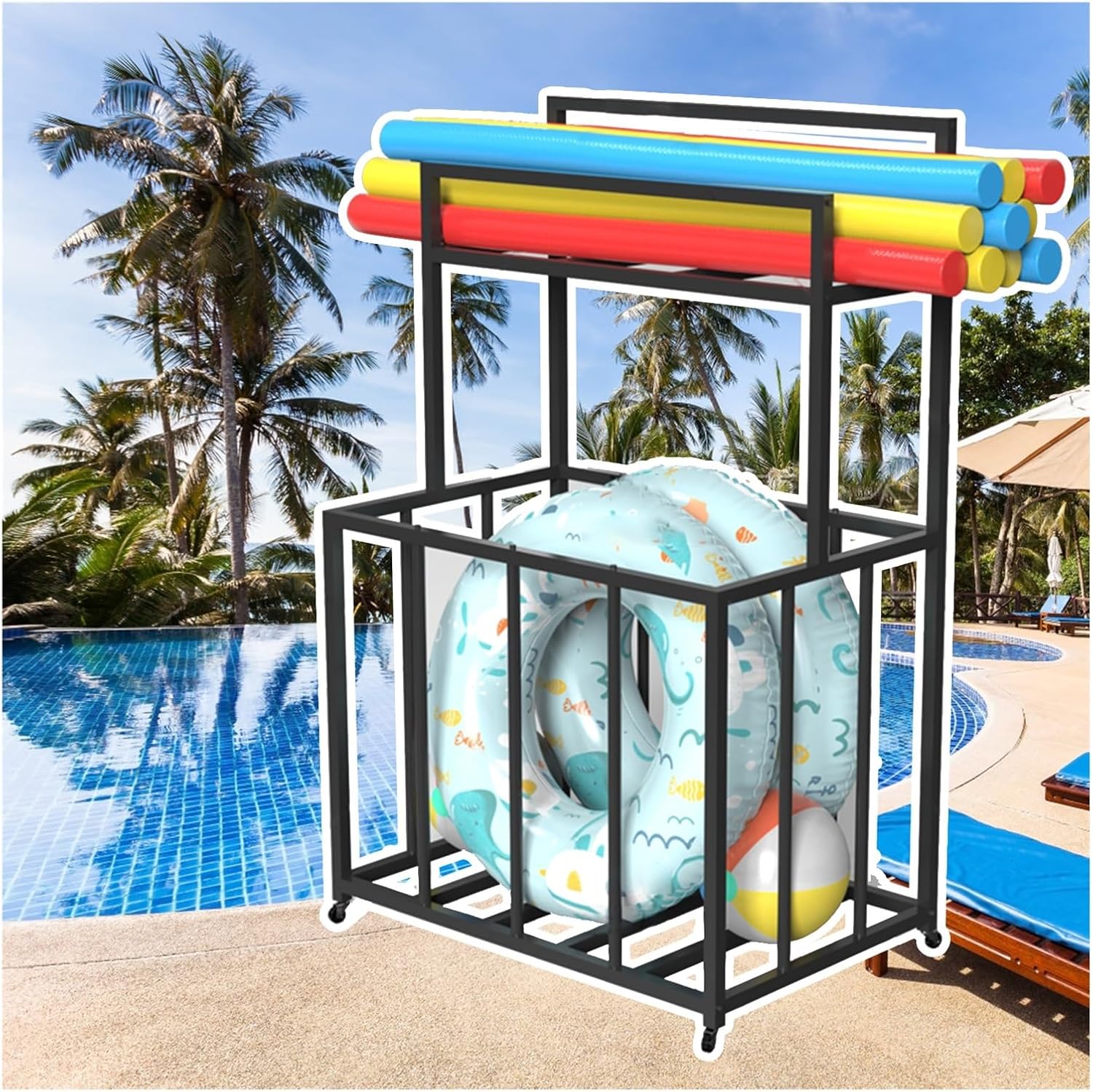Poolside Storage Container Cart, Large Swimming Noodles/Water Dogs Ramp/Beach Balls/Pool Equipment Storage Rack, Black Heavy Duty Frame