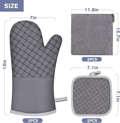 Vista 7 de 6 guantes de horno y soportes para ollas, resistentes al calor de 500 ℉ con toallas de cocina, forro de algodón suave y superficie de silicona Gris