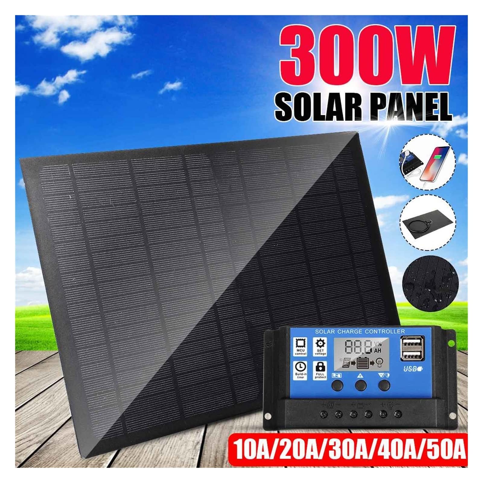 Kit de panneau solaire 12 V/24 V Panneau solaire 300W Dual USB Protable Chargeur de batterie d'alimentation solaire imperméable extérieure for le téléphone VR Camping automobile pour les applications