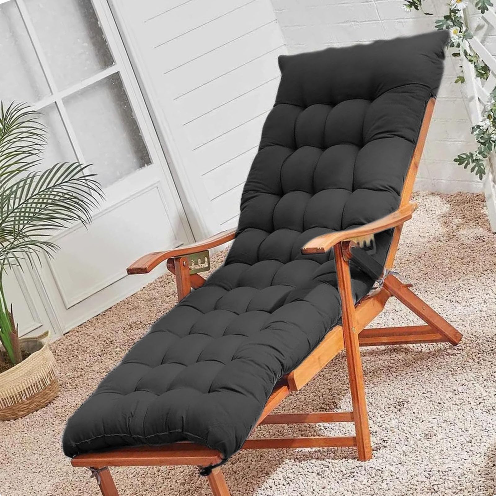 VisLarsc Lounge Pads Bench Cushions Rectangle Sun Lounger Cushions Foldable Soft Thick Padded Bed with Anti-slip Straps for Patio Beach Outdoor Furniture Sunbed (Black,170 * 50)
