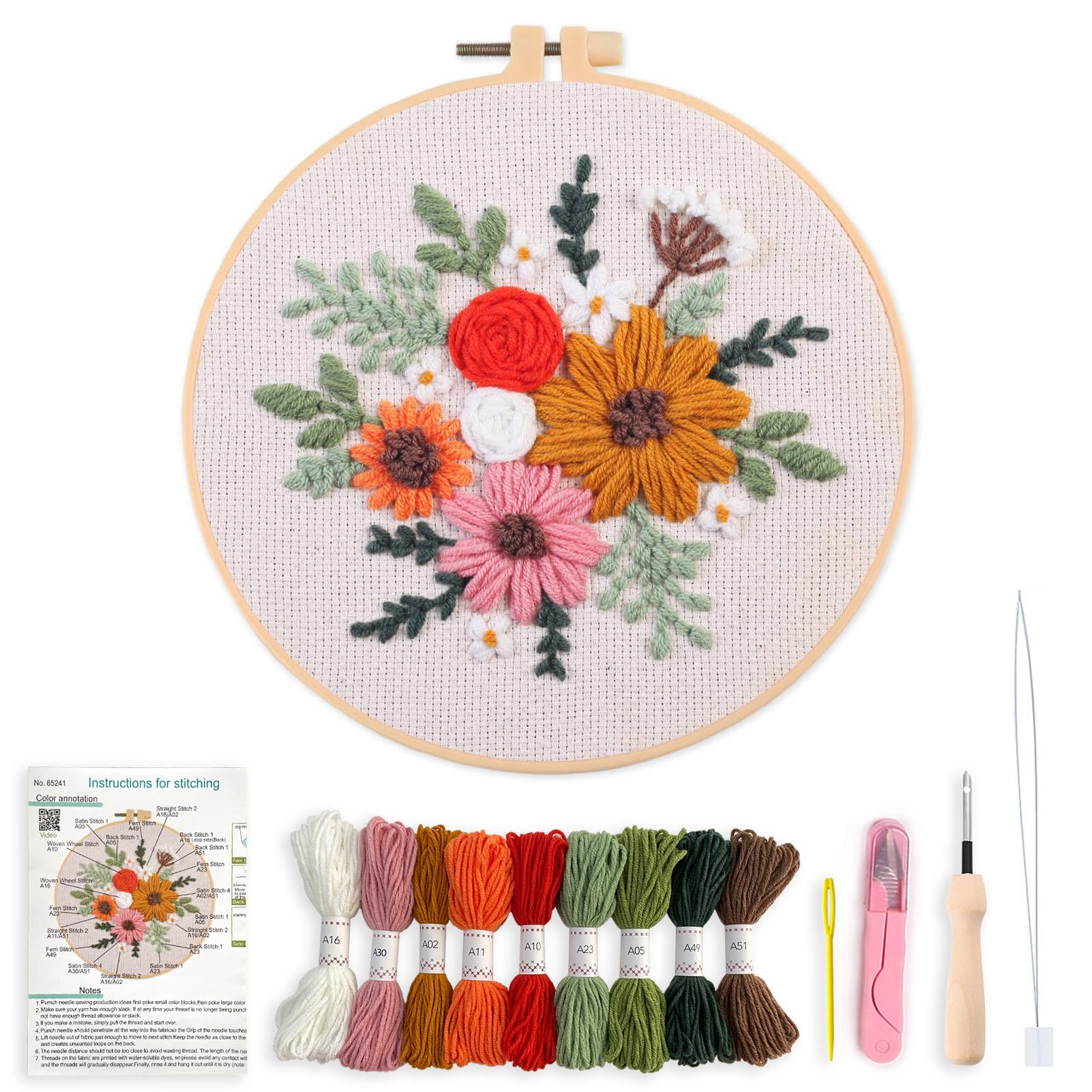 Creative Stab Punch Needle Kit, Sunflowers, Daisy & Flower Patterns , Beginner-Friendly ,Complete Set with Fabric, Needle, Yarn & Instructions , Perfect for Adult Handicraft Enthusiasts (flower)