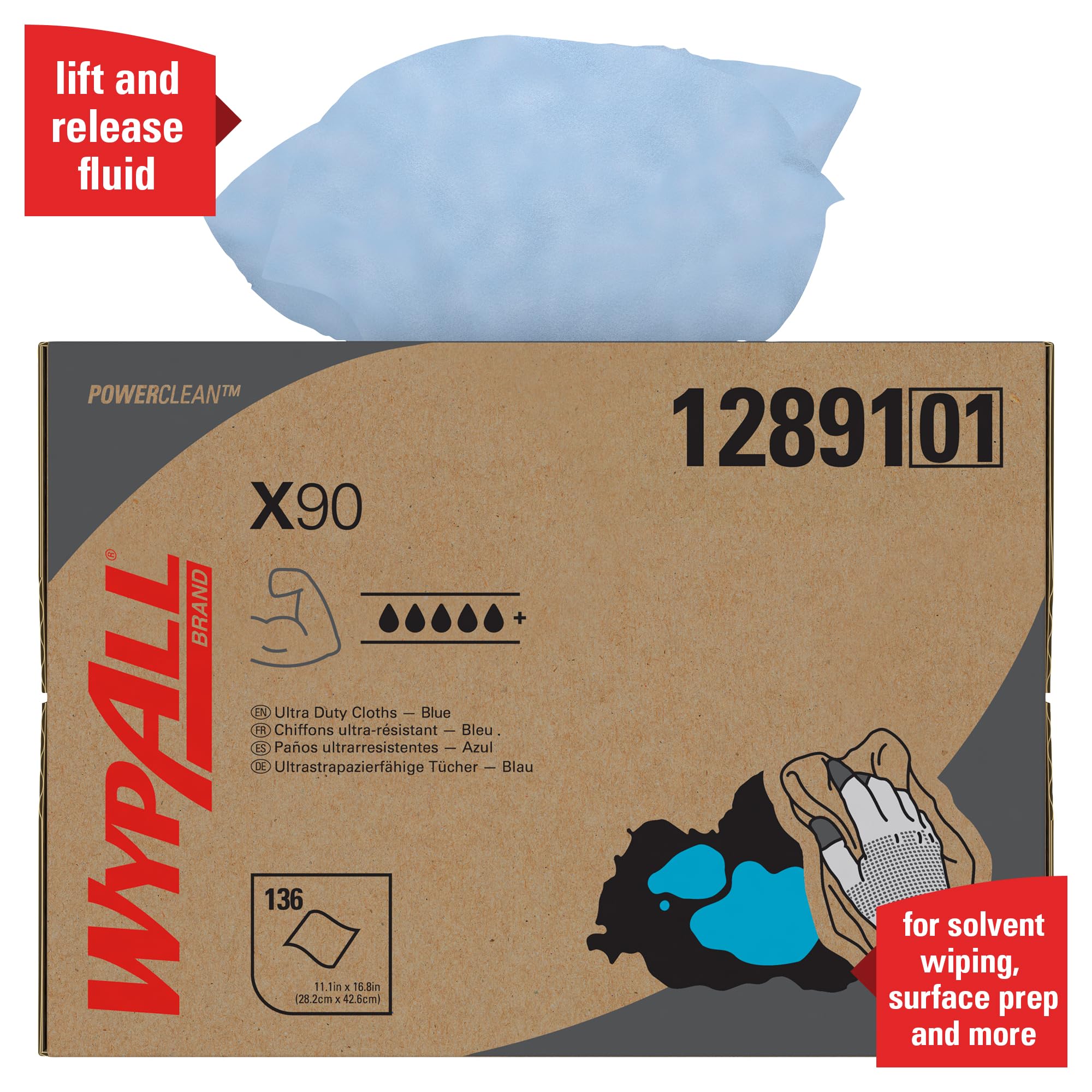 Chiffons WypAll X90 Power Clean 12891 - 1 boîte distributrice BRAG de 136 chiffons bleus, 2 épaisseurs