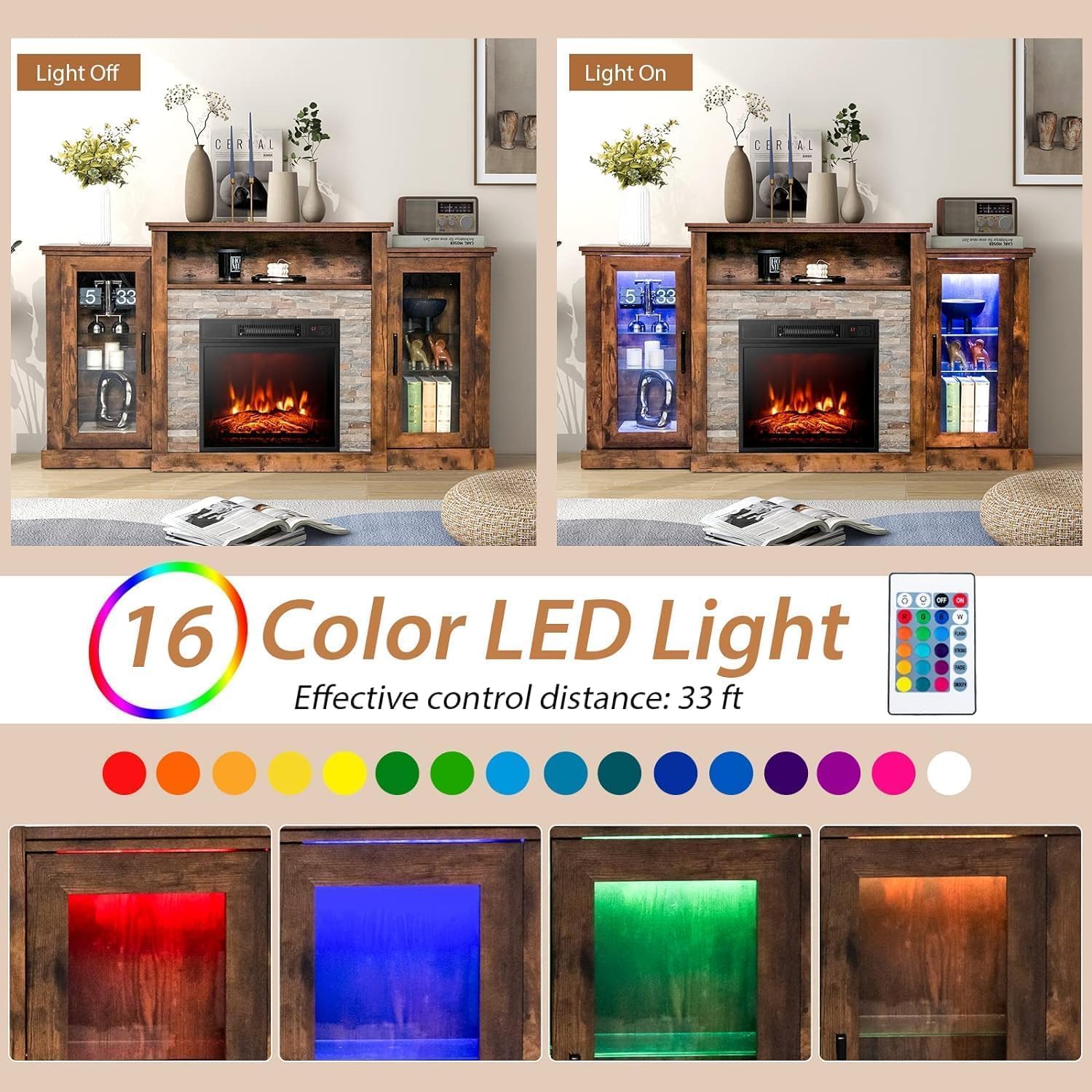 Electric Fireplace TV Stand for TVs Up to 65’’, TV Console with 16-Color LED Light, Adjustable Glass Shelves, 19’’ Fireplace Insert with Remote & APP Control, Entertainment Center (Brown)