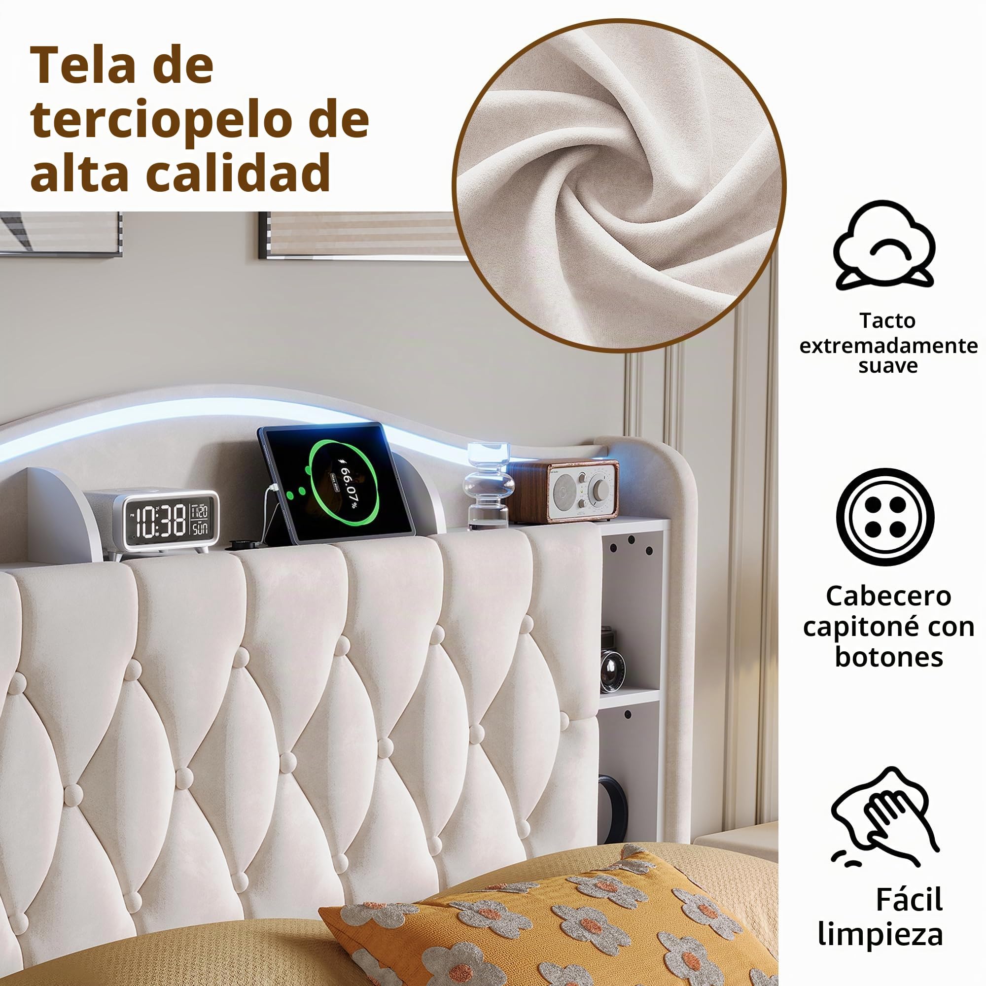 Cama de matrimonio de 160 x 190 cm con contenedor hidráulico, cama acolchada de terciopelo con LED RGB y USB/Type-C, cabecero con estantes de almacenamiento, estructura de cama con somier de láminas