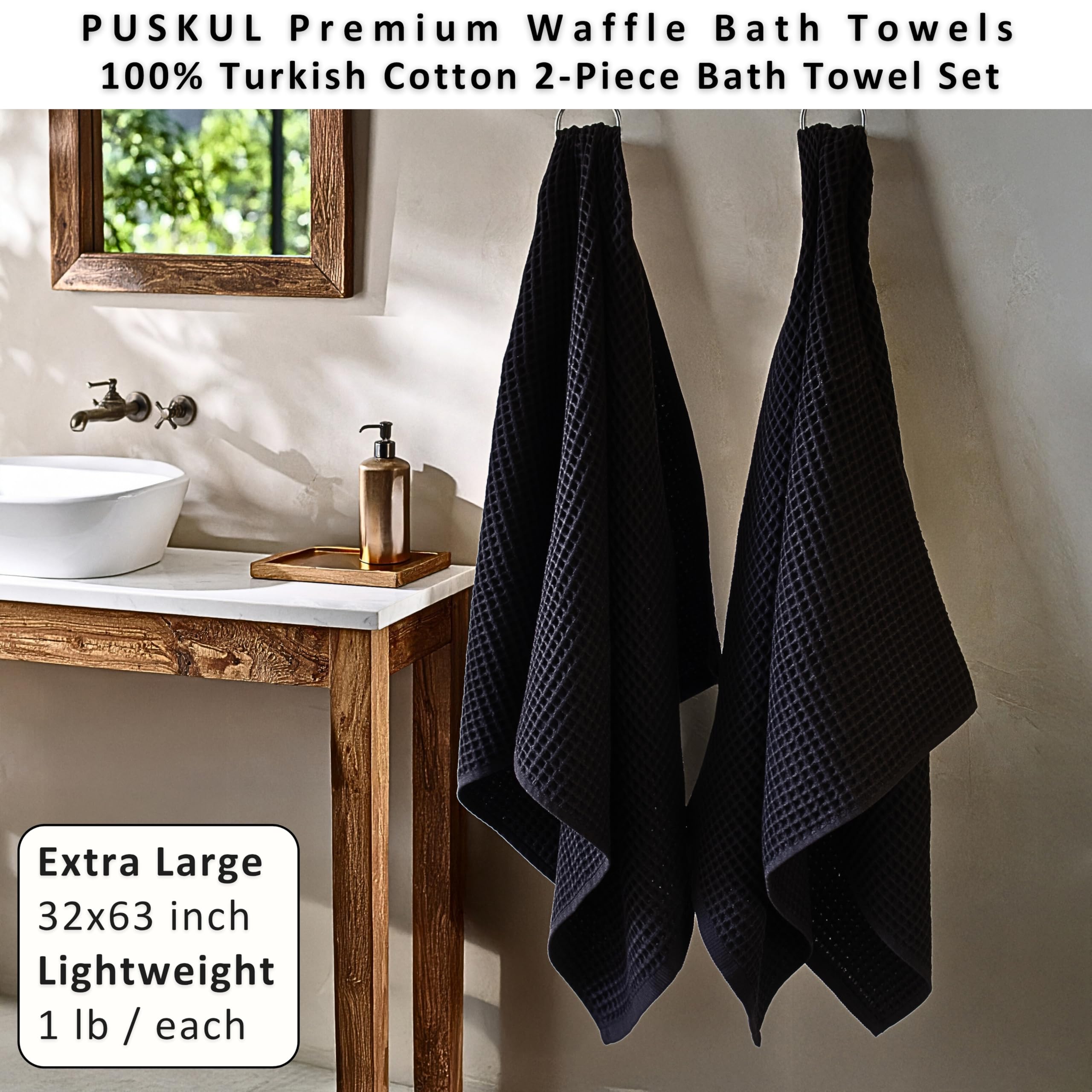 PÜSKÜL Badetücher aus 100 % türkischer Baumwolle, Waffelmuster, 2er-Set, extra groß | Schwarzes, übergroßes Badetuch für Bad und Strand. Waben-Waffelgewebe, hochwertiges Öko-Tex, hergestellt in der Türkei.