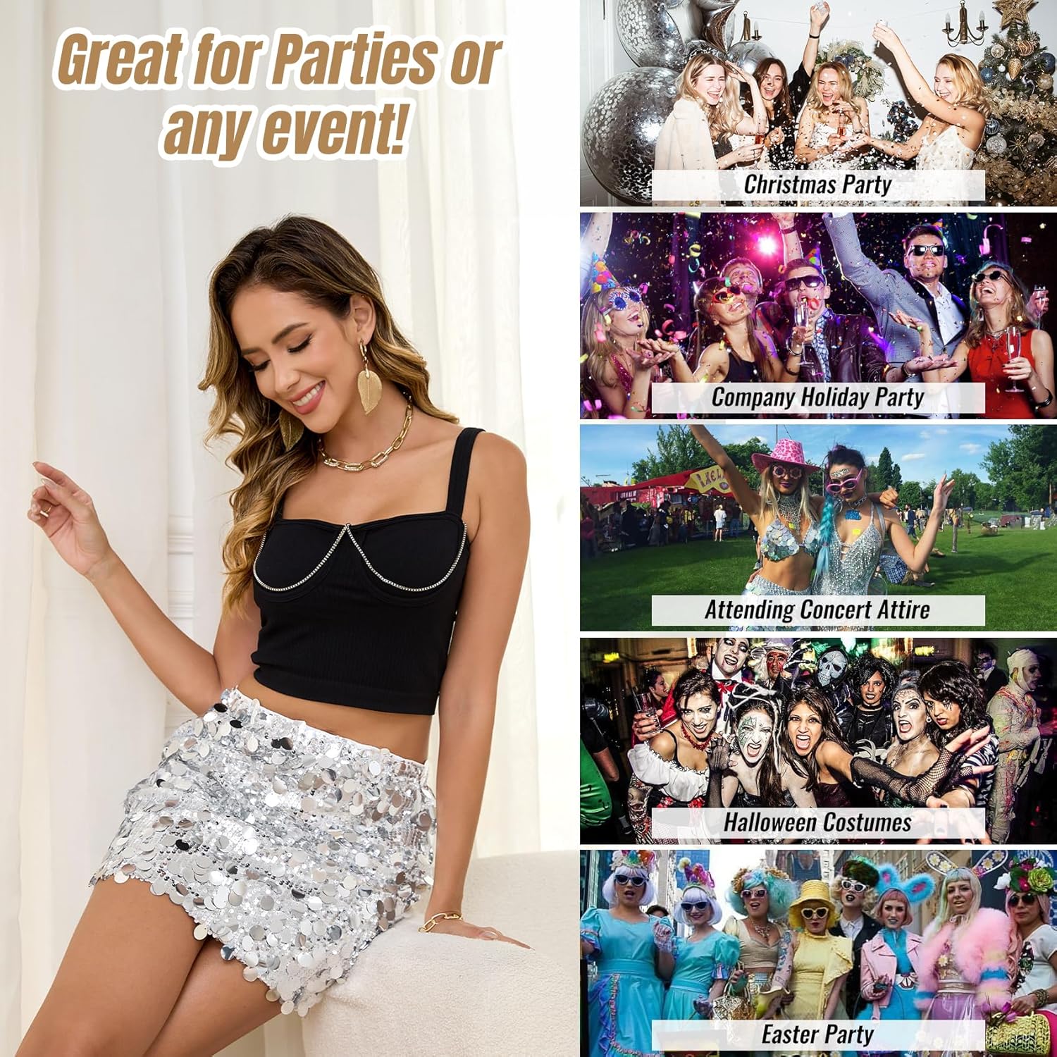 KASBAH Sequin Mini Skirt for Women Sparkly Skirt Stretchy Bodycon Glitter Skirts Night Out Party Silvery - Image 5