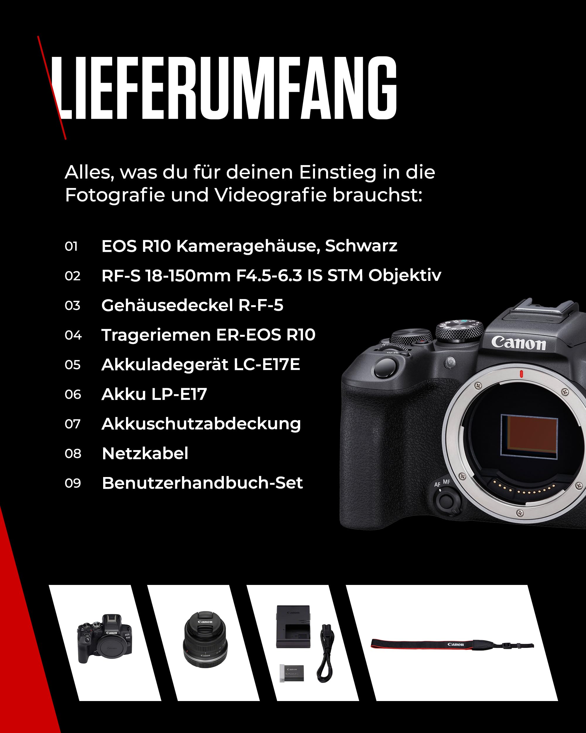 Canon EOS R10 Kamera spiegellose Camera + RF-S 18-150mm F4.5-6.3 is STM Objektiv (Hybridkamera, DSLR Upgrade, 15 B/s, 4K Videos, Dual Pixel CMOS AF II Fokussystem, WLAN) schwarz