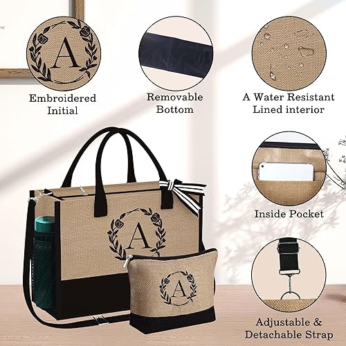 Miniatura 5 de YOOLIFE Regalos para mujeres  Bolsa de yute con inicial y bolsa de maquillaje con bolsillo con cremallera, correa ajustable, regalos de cumpleaños