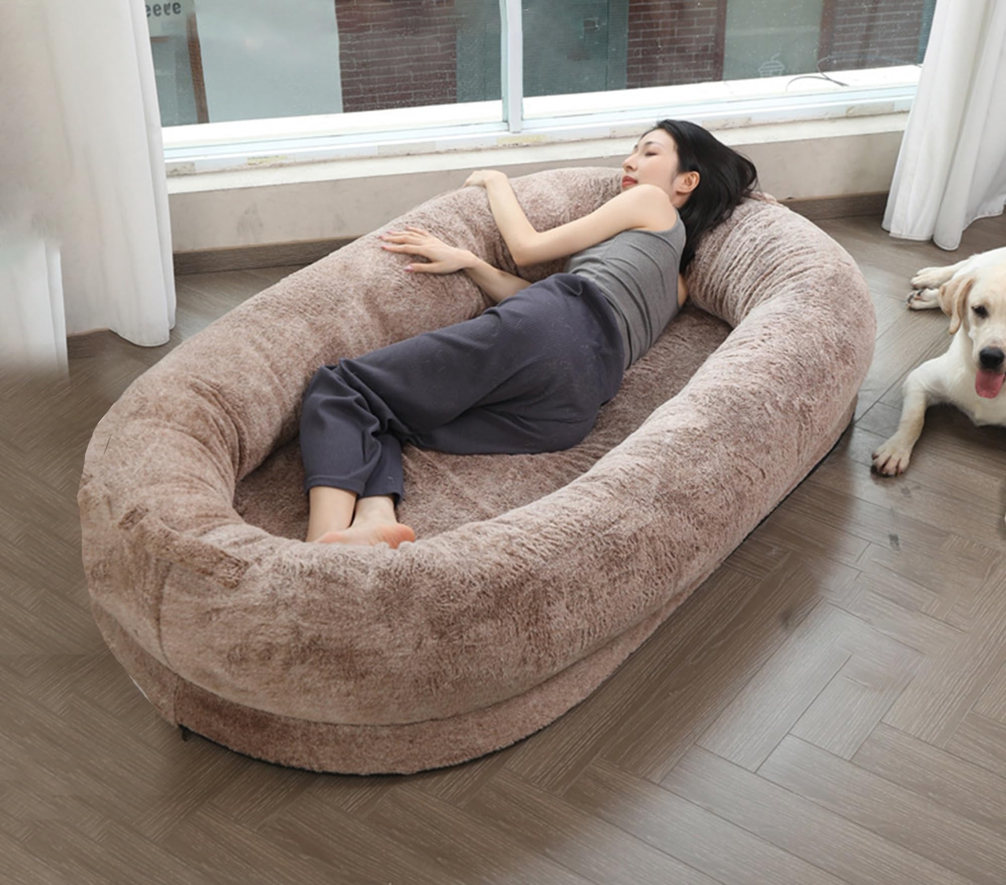 LULUMAIC Pet Ultra Large Size Dog Bed for Humans, Giant Bean Bag Bed for People Adults, Super Soft Comfy Washable Fuzzy Faux Fur Human Dog Bed for People Doze Off (Brown 175x90x30cm)
