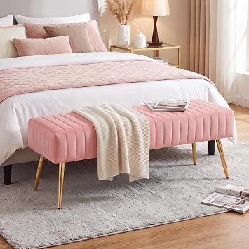 Furniliving 44 Inch Velvet Bench, Upholstered Tufted Striped Fabric Bedroom Bench with Golden Metal Legs, Ottoman for Living Room, Solid Wood Indoor Bench for Foyer Pink