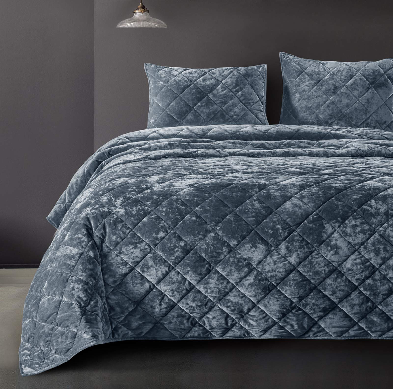 Shalala Lightweight Bedding Comforter Set,Velvet Queen Quilt Bedding Set,Diamond Quilting Bedspread with Soft Brushed Microfiber Back,Luxury Coverlet for All Season(Full/Queen,Rainstorm Blue)