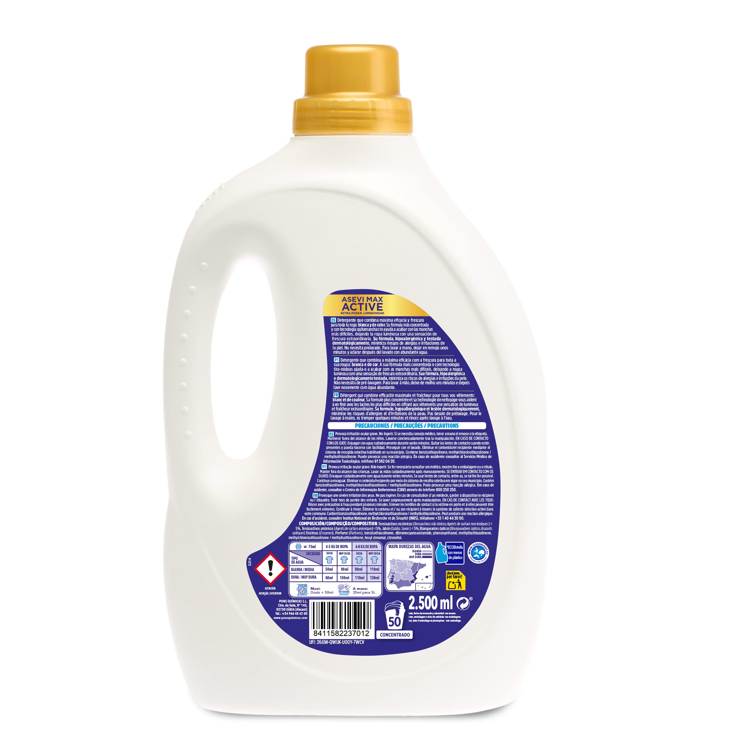 Asevi Detergente Líquido para Lavadora Max Active - Detergente Hipoalergénico Concentrado Ropa Blanca y de Color - Poder Quitamanchas y Extra Luminosidad para una Ropa Limpia y Cuidada - 5x50 Lavados