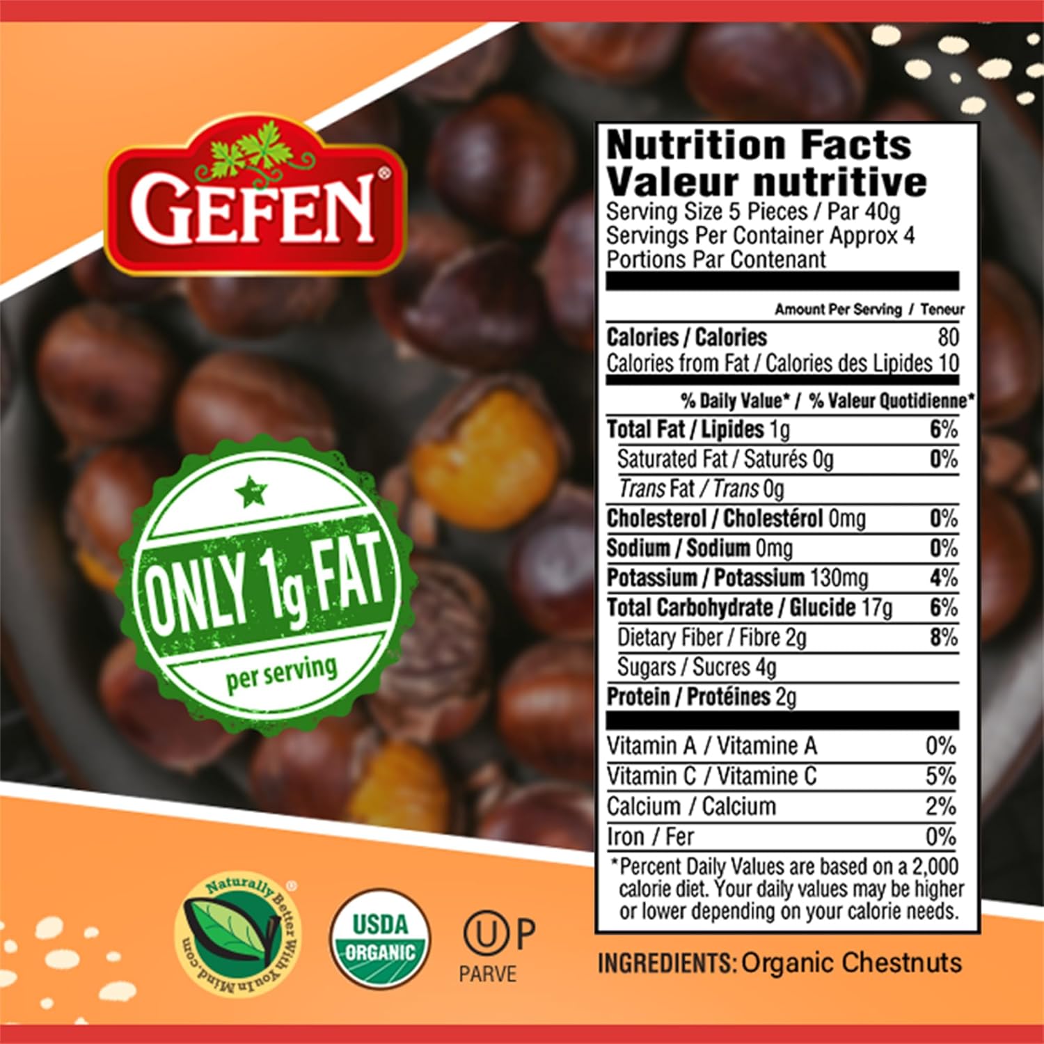 Gefen Organic Whole Peeled and Roasted Chestnuts, 5.2oz (6 Pack) | Chestnuts Peeled and Ready to Eat | Great for Cooking & Baking | Gluten Free | Kosher