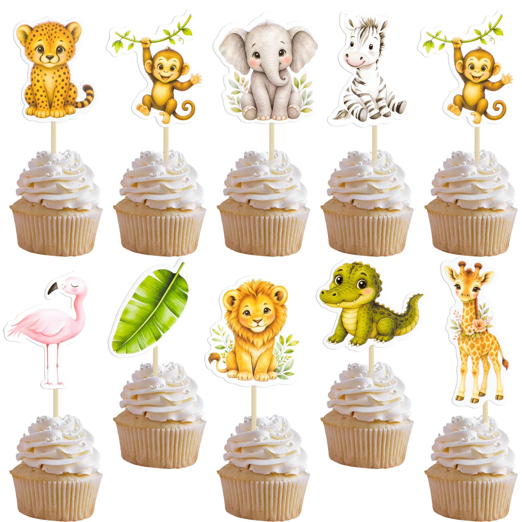 Ephlyn 36Pcs Safari Animals Cupcake Toppers Jungle Animals Baby Shower Party Decorations Green Leaf Woodland Animal Cupcake Picks for Birthday Wild Party Decorations Green Yellow