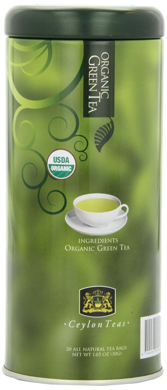 Ceylon Teas Organic Green Tea Canister, 20Count (Pack of