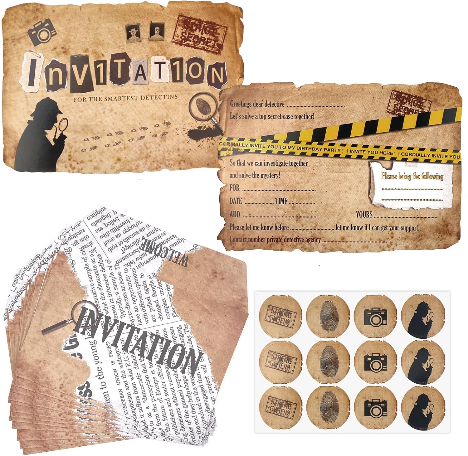 Emperoch Detektiv Geburtstag Einladungen - 12 Stück A6 Mit Umschlägen & Aufklebern