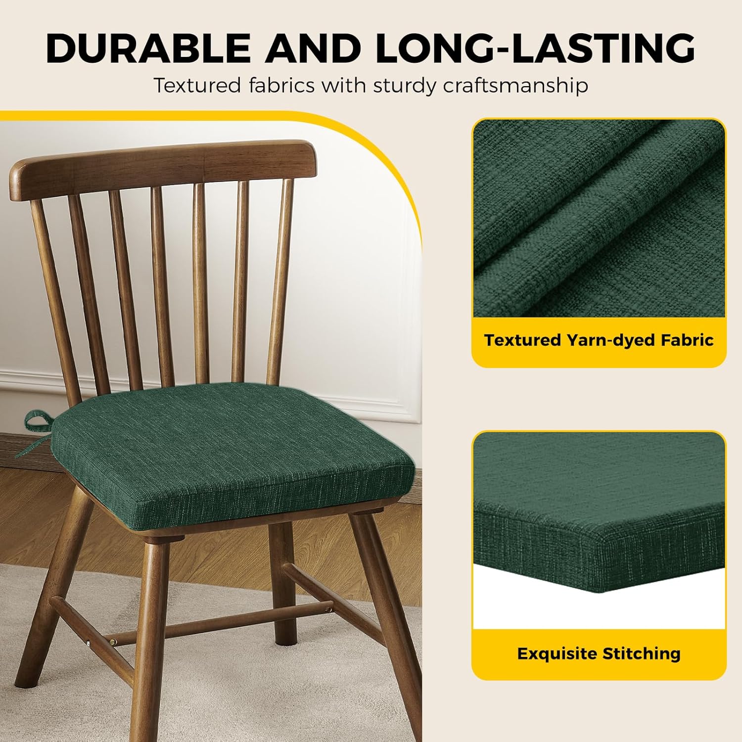 downluxe Indoor Chair Cushions for Dining Chairs, Soft and Comfortable Textured Foam Kitchen Chair Pads with Ties and Non-Slip Backing, 16" x 16" x 2", Dark Green, 6 Pack