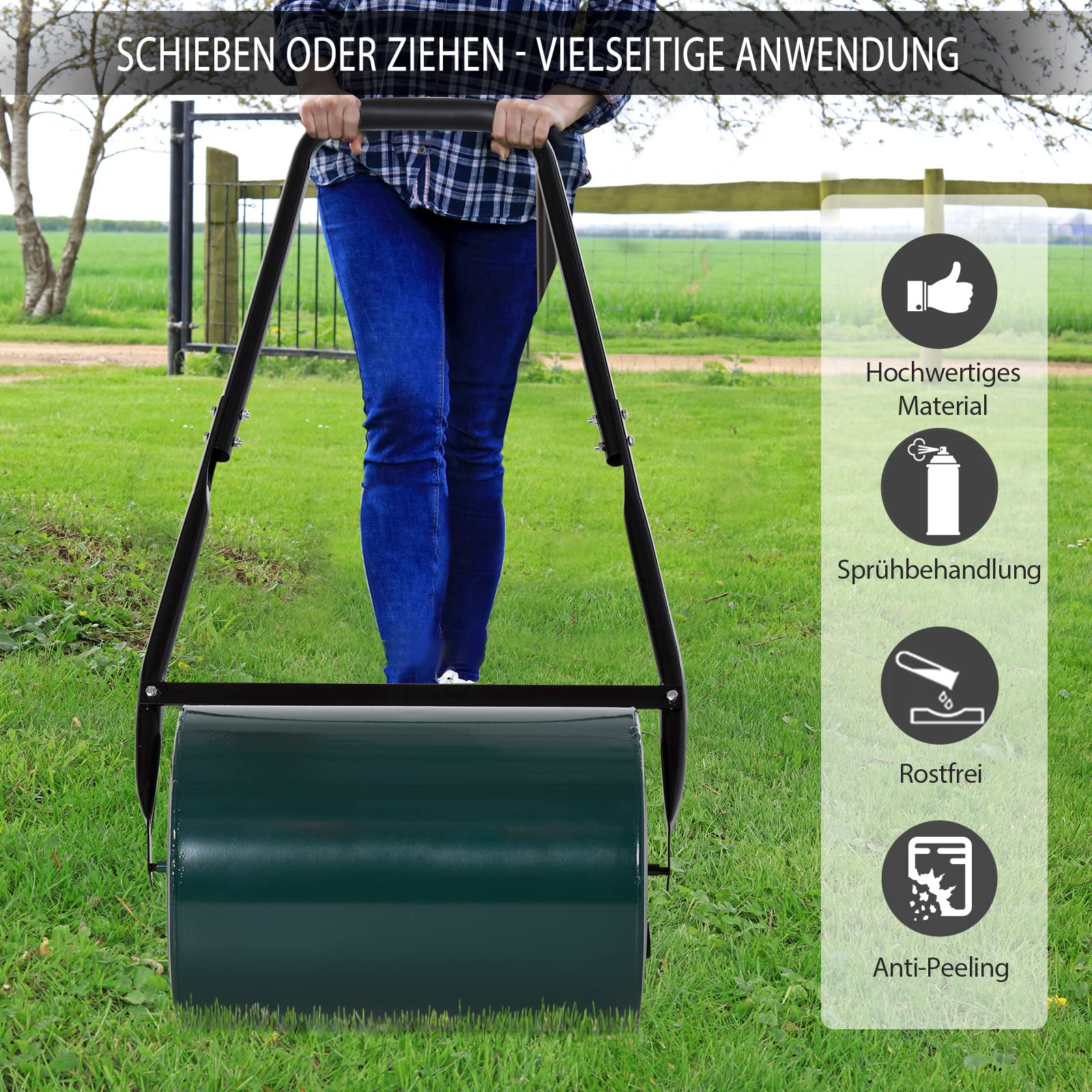 Outsunny Rasenwalze mit U-Griff 31 cm Durchmesser 30 cm Arbeitsbreit Grün | Gartenrolle, Gartenwalze, 40 L Wasser-/Sandfüllunge, Metall