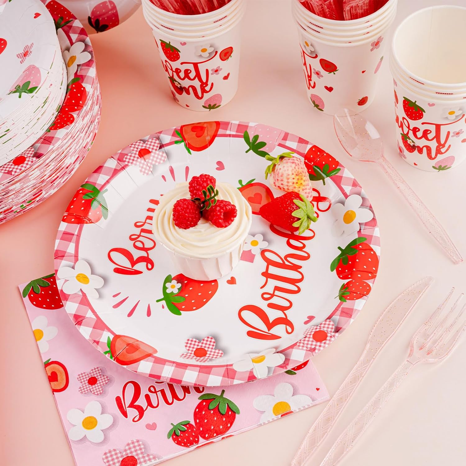350 PCS Strawberry 1st Birthday Decorations for 50 Guests,Berry First Birthday Plate and Napkin Sets nclude Paper Plate, Napkin, Cup and Disposable Plastic Cutlery