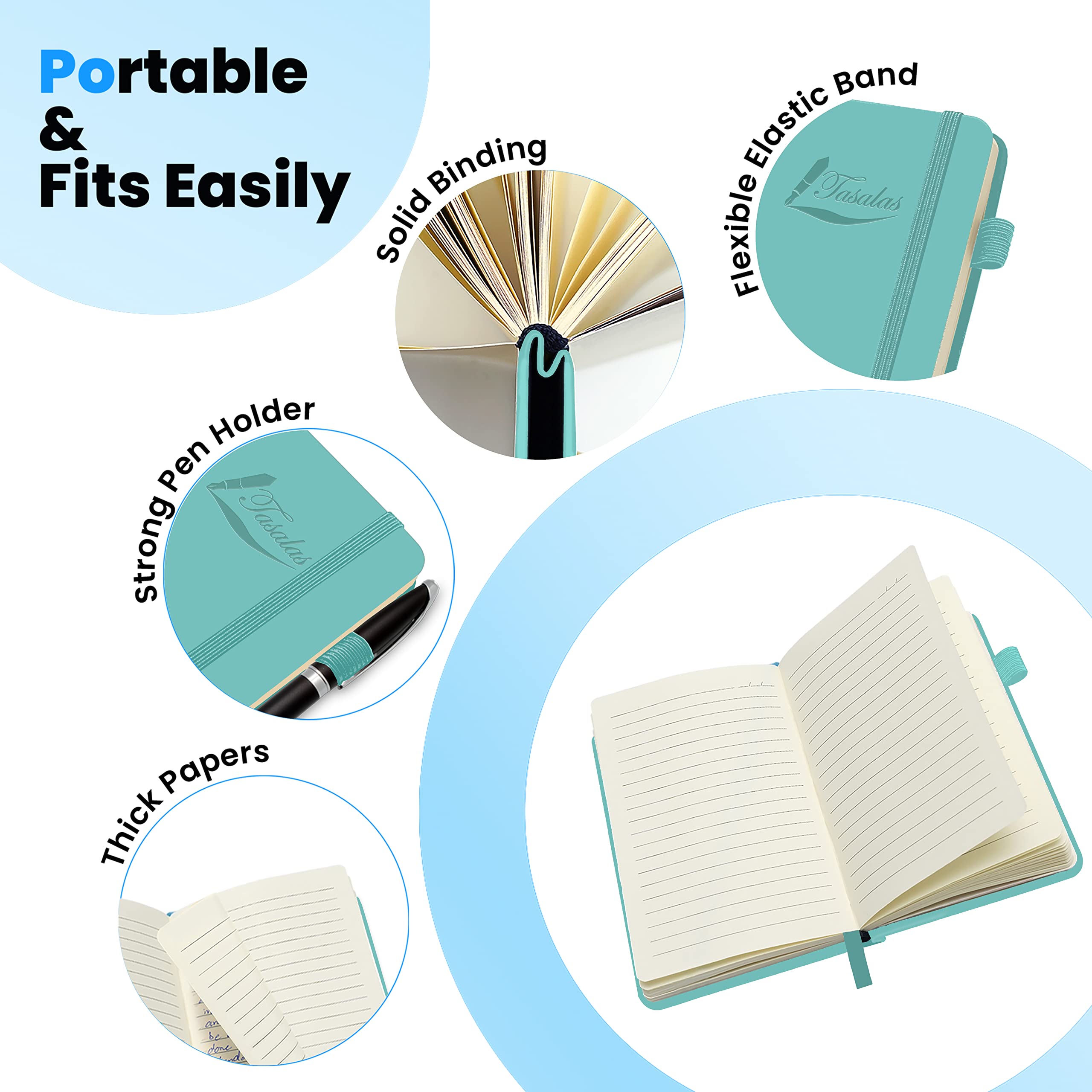 Tasalas Pocket Notebook Portable A6 Notebooks with Inner Pocket and Elastic Band, 80 GSM Lined Paper Notepad - Image 3