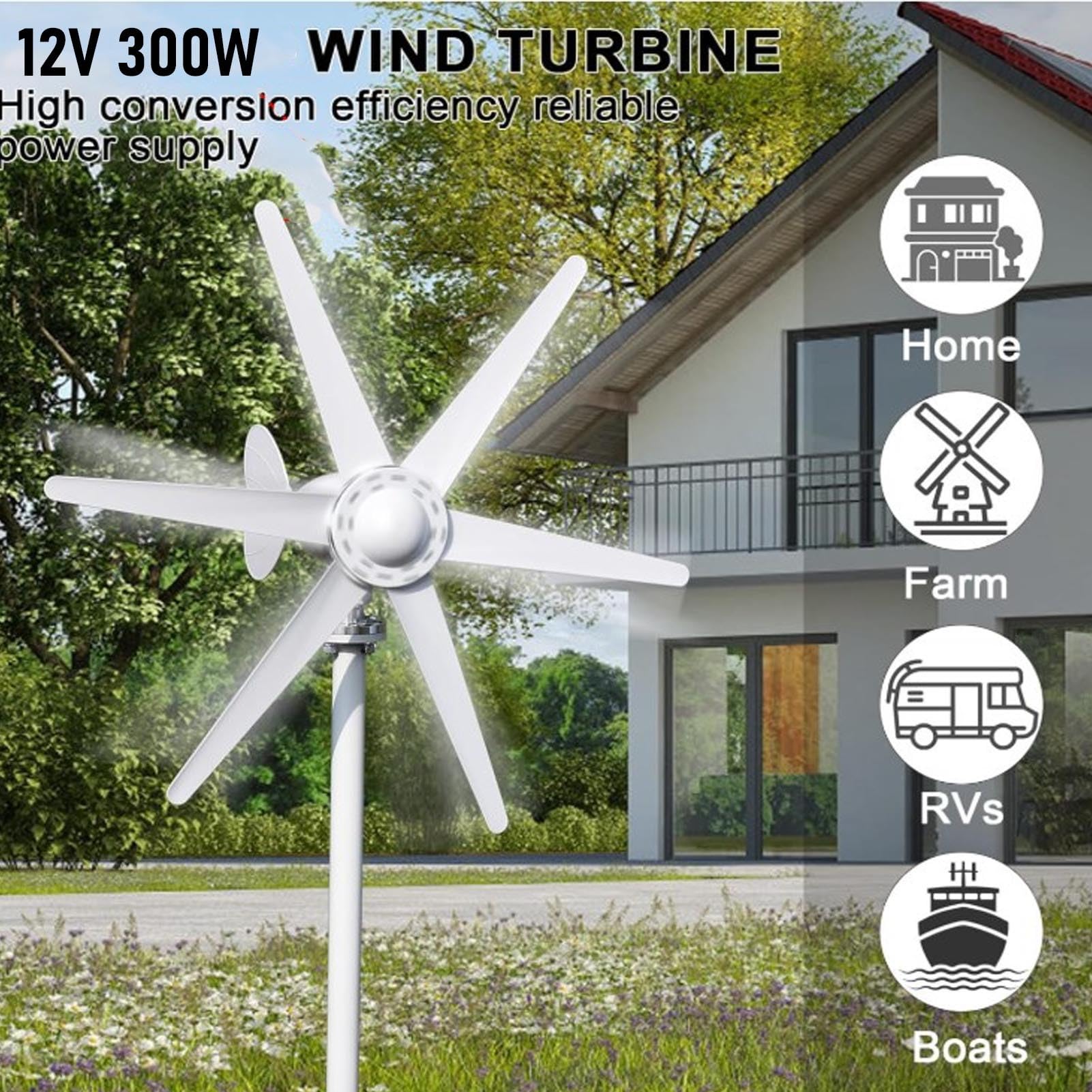 Generatore Eolico 6 Pale, Potenza in Uscita di 300 W con avviamento a Bassa velocità di 1,0 m/s, generatore CA trifase e Regolazione Automatica della direzione del