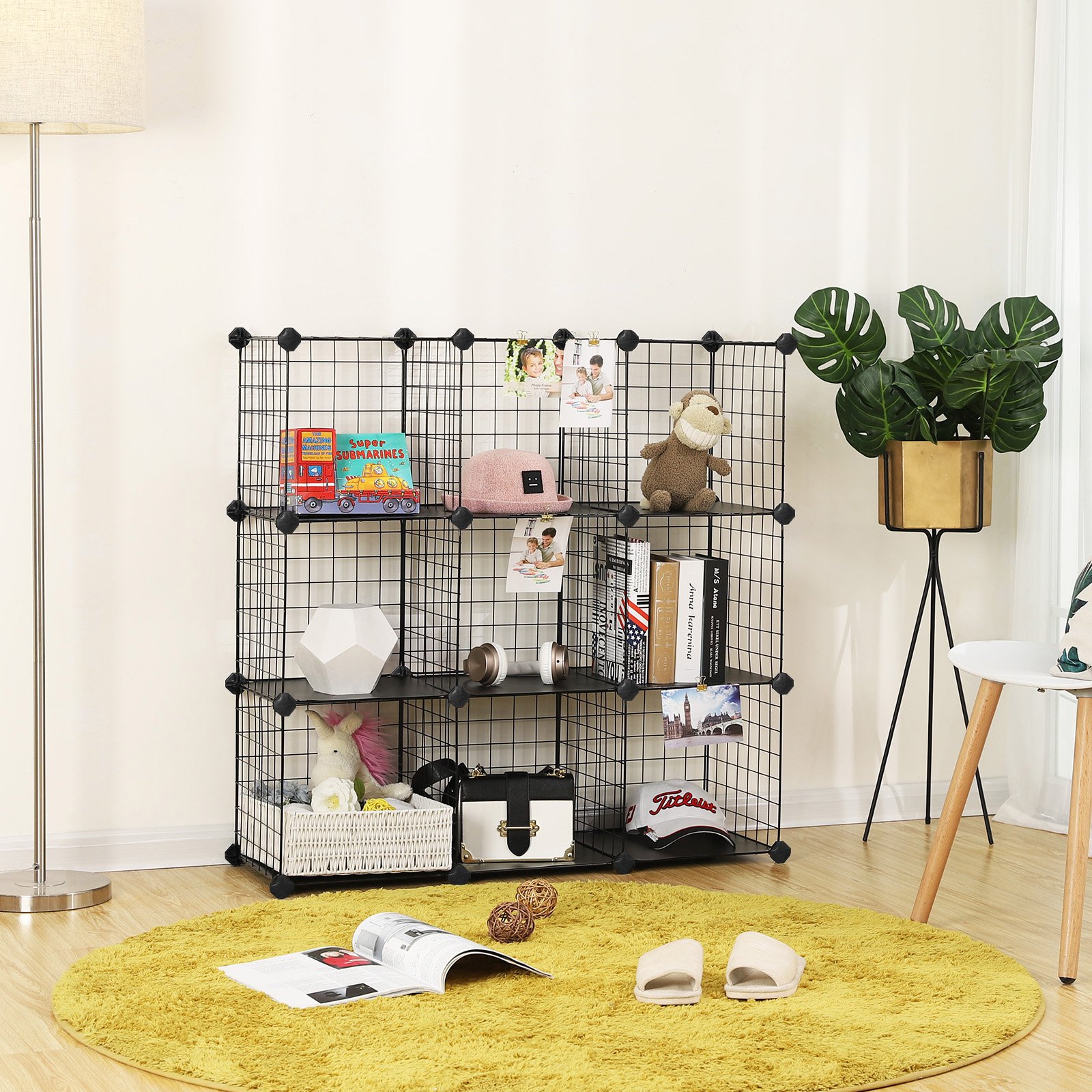 SONGMICS Estantería Modular de 9 Cubos, Armario de Almacenamiento de Alambre de Metal, para Zapatos, Libros, Juguetes, Baño, Salón, Extensible, 31 x 93 x 93 cm, Negro LPI115H