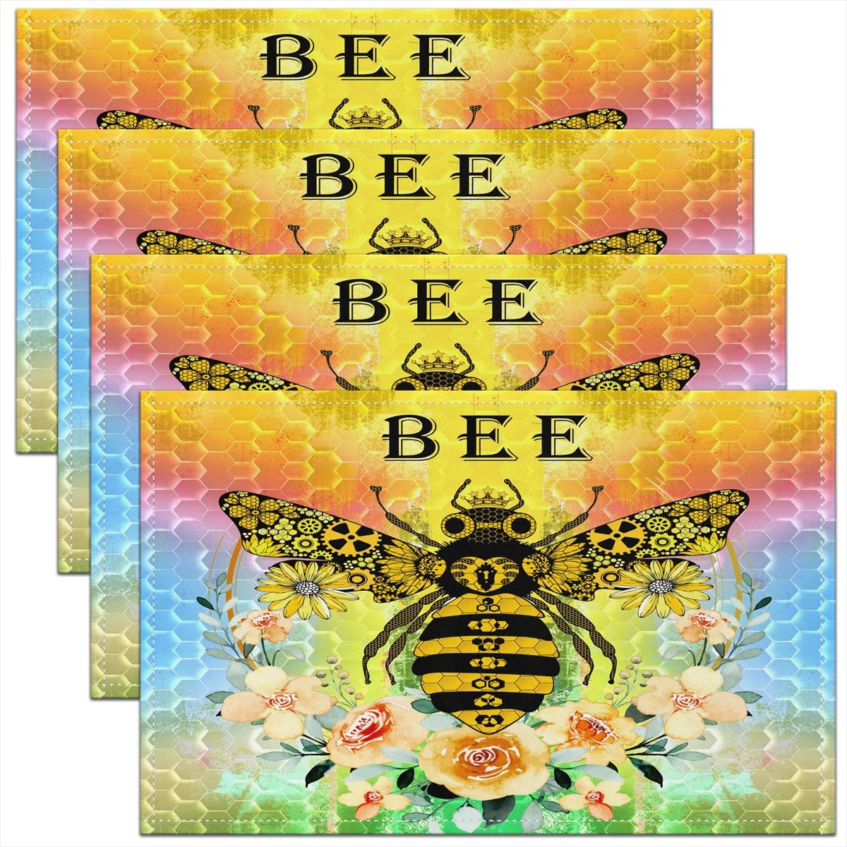 Bee Placemats 12"x18", Colorful Honeycomb Floral Botanical Table Place Mats Set of 4, Hexagonal Indoor Outdoor Kitchen Dinner Party Table Mats