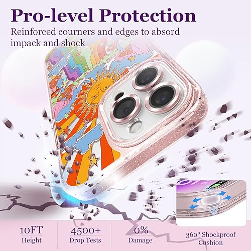 Miniatura 5 de Funda compatible con iPhone 15 Pro Max, bonita estética, funda de teléfono rosa con purpurina y protector de cámara, funda estampada con patrón de