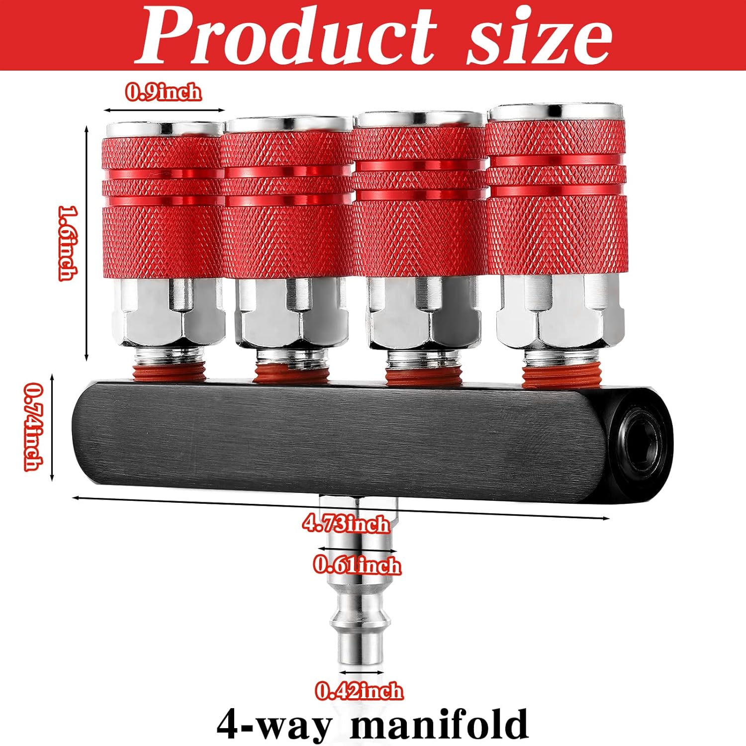 Peryiter 2 Pcs 4 Way Straight Air Compressor Manifold Air Hose Splitter 5 Ports 1/4 in NPT Quick Connect Fittings Kit Accessories Swivel 360 Degrees Connectors(Red)