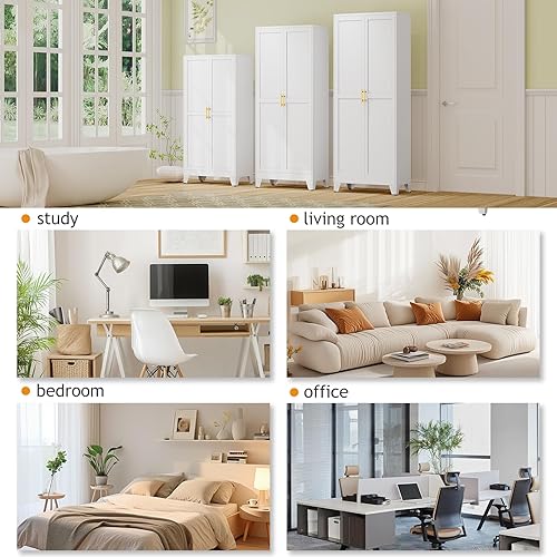 Miniatura 8 de Armario de almacenamiento de despensa de metal de 71 pulgadas de alto con puertas y 4 estantes ajustables, armarios blancos de despensa de