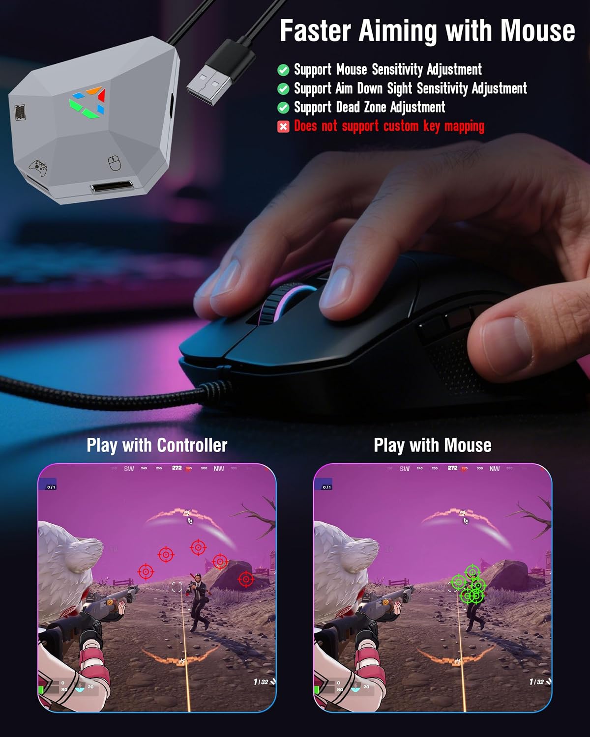 Comparison image showing aiming with a controller versus aiming with a mouse in a game, highlighting the precision of mouse aiming.