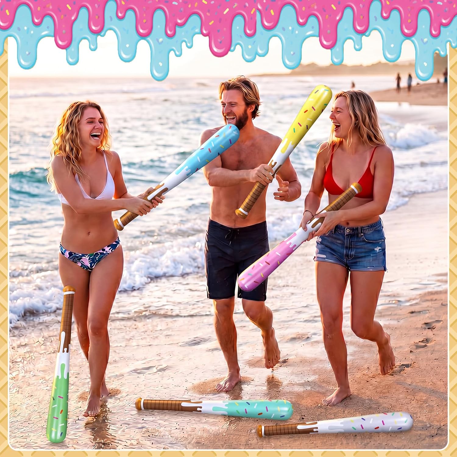 Leyndo 6 Pcs Inflatable Ice Cream Drip Baseball Bat 29.5 Inch Large Drizzle Inflatable Bats Baseball Party Favors for Ice Cream Sports Summer Dessert Beach Birthday Party Supplies Decorations