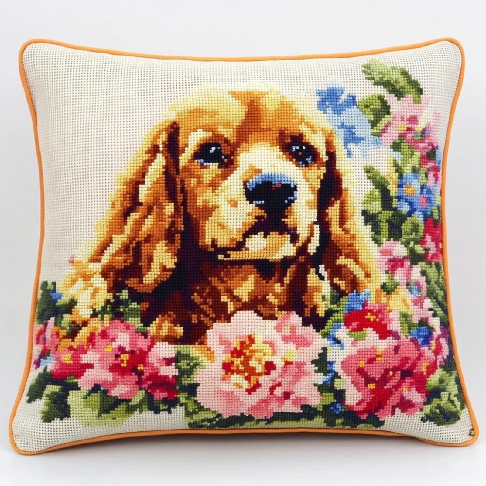 WallustrioaW DIY Cushion Embroidery Kit,Charles Spaniel in the Flowerbed,Cross Stitch Cushion Cover Needlepoint Craft Cushion Kit pre Printed Handmade Cushion Cover 18x18in