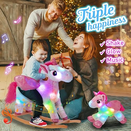 Miniatura 6 de Glow Guards Juego de 2 caballos mecedores de unicornio musical con luces y juguetes de unicornio arcoíris, silla de madera, regalos para niños