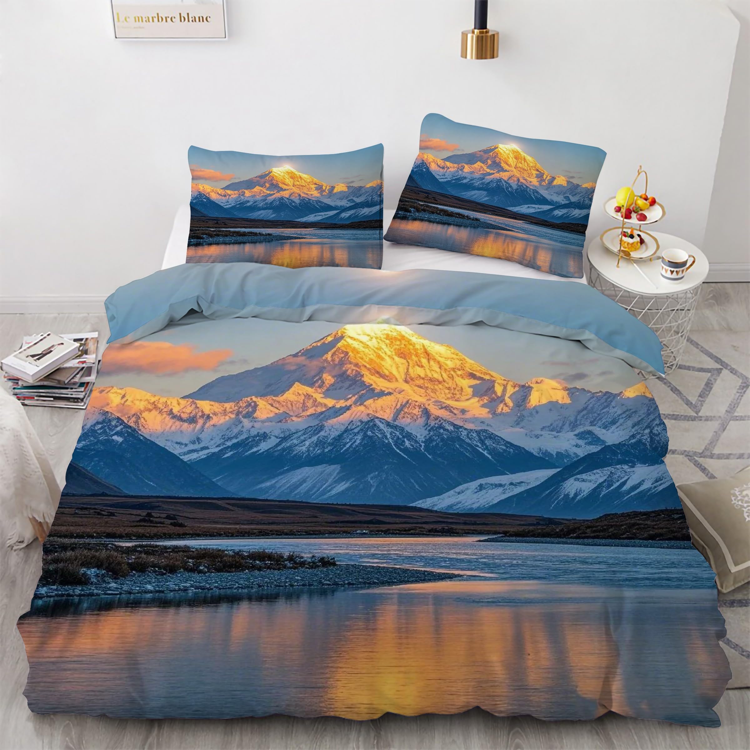 Housse de couette 200x200 montagne imprimé parure microfibre zippée facile à enfiler