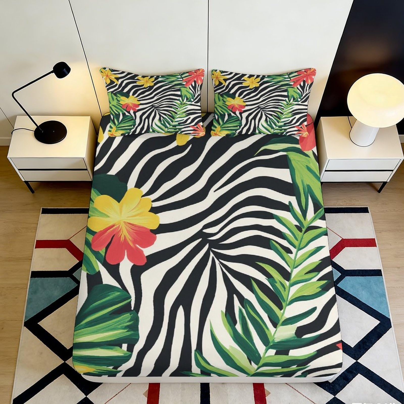 Jqzkxnhpbr Style-9 3D Printed Tropical Jungle Fitted Sheet Microfiber Soft Breathable Zebra Leaf Mattress Cover For Bedroom Dorm Decor 90X200x25cm
