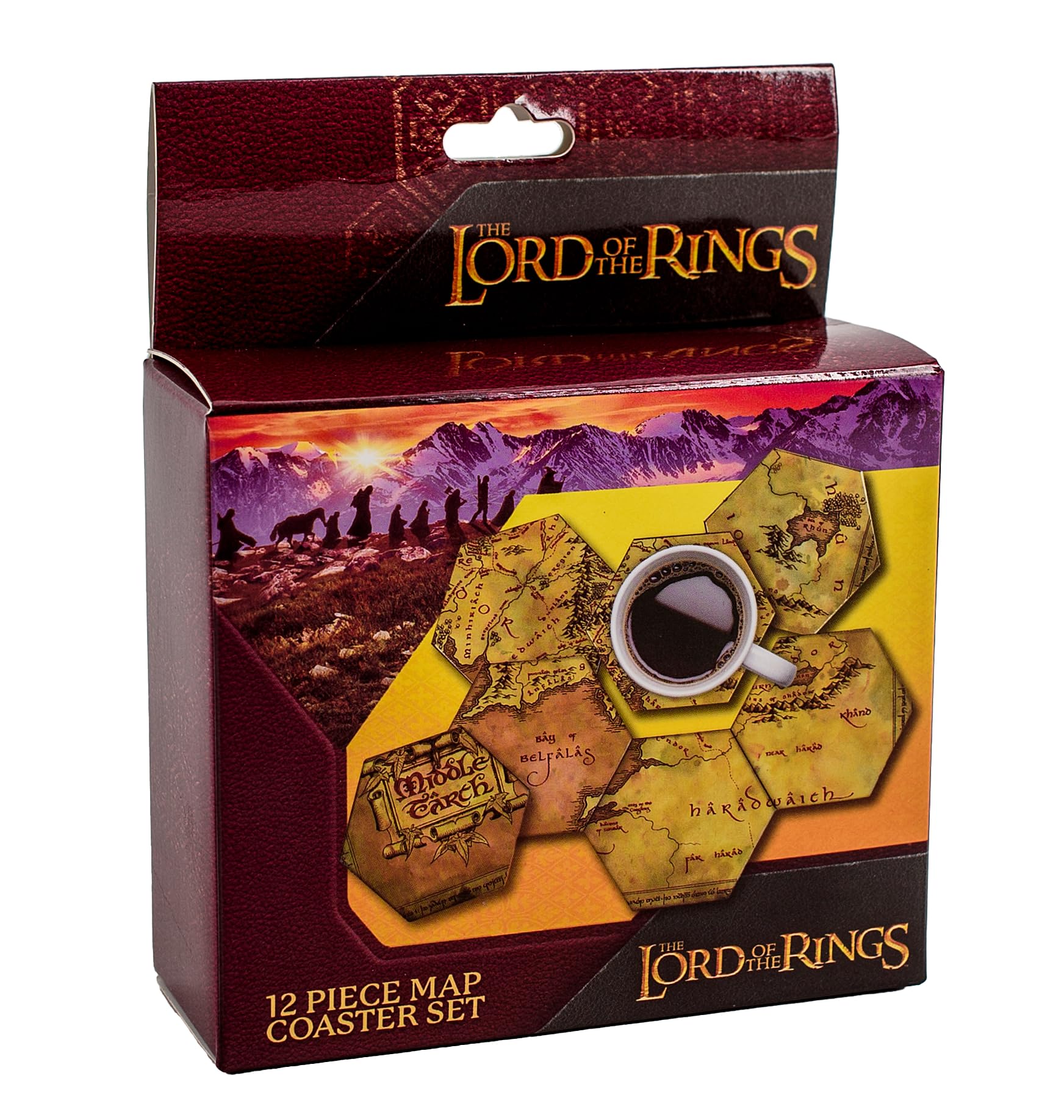 Lord of the Rings Coasters - Middle Earth Map Hexagon Design - Drink Mats Set - LOTR Gifts for Men, Women, Adults