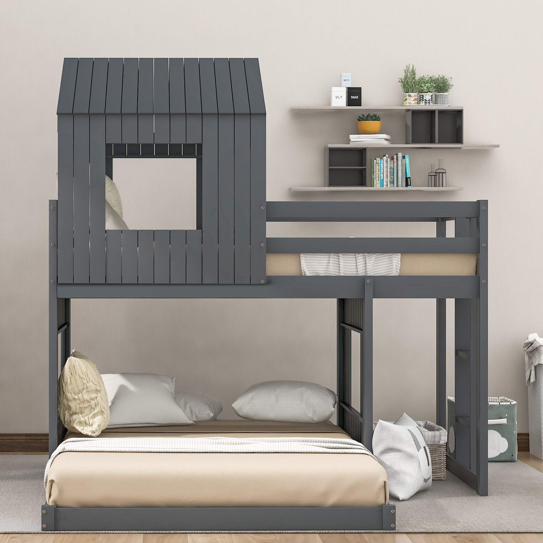 Amazon.com: House Bed Bunk Beds Twin Over Full Size, Wood Bunk Beds with  Roof and Guard Rail for Kids, Toddlers, No Box Spring Needed : Everything  Else