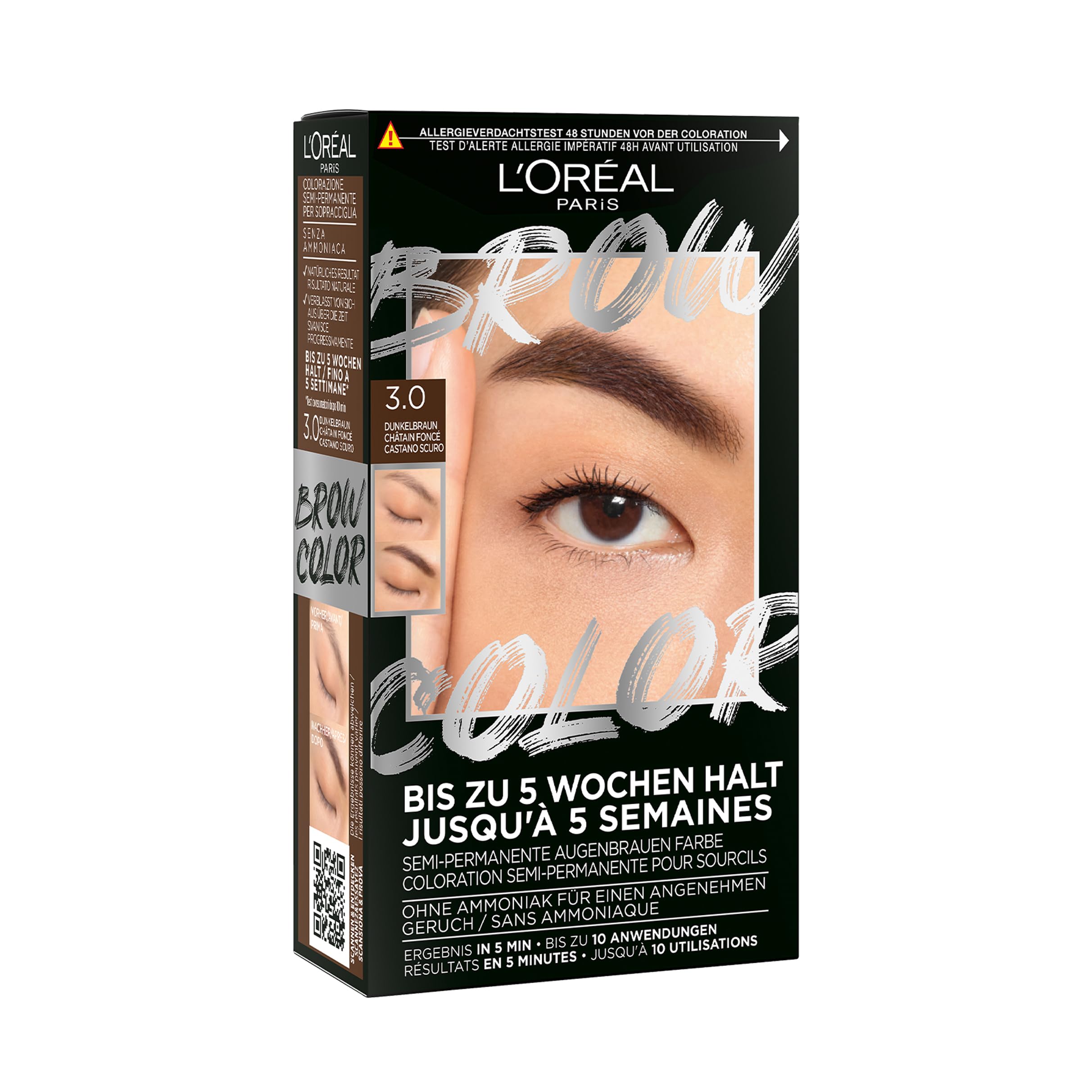 L'Oréal Paris Augenbrauenfarbe für einen strahlenden und perfekt gepflegten Look, Ammoniakfreie Augenbrauenfarbe, Bis zu 10 Anwendungen pro Pack, Brow Color, 3.0 Dunkelbraun