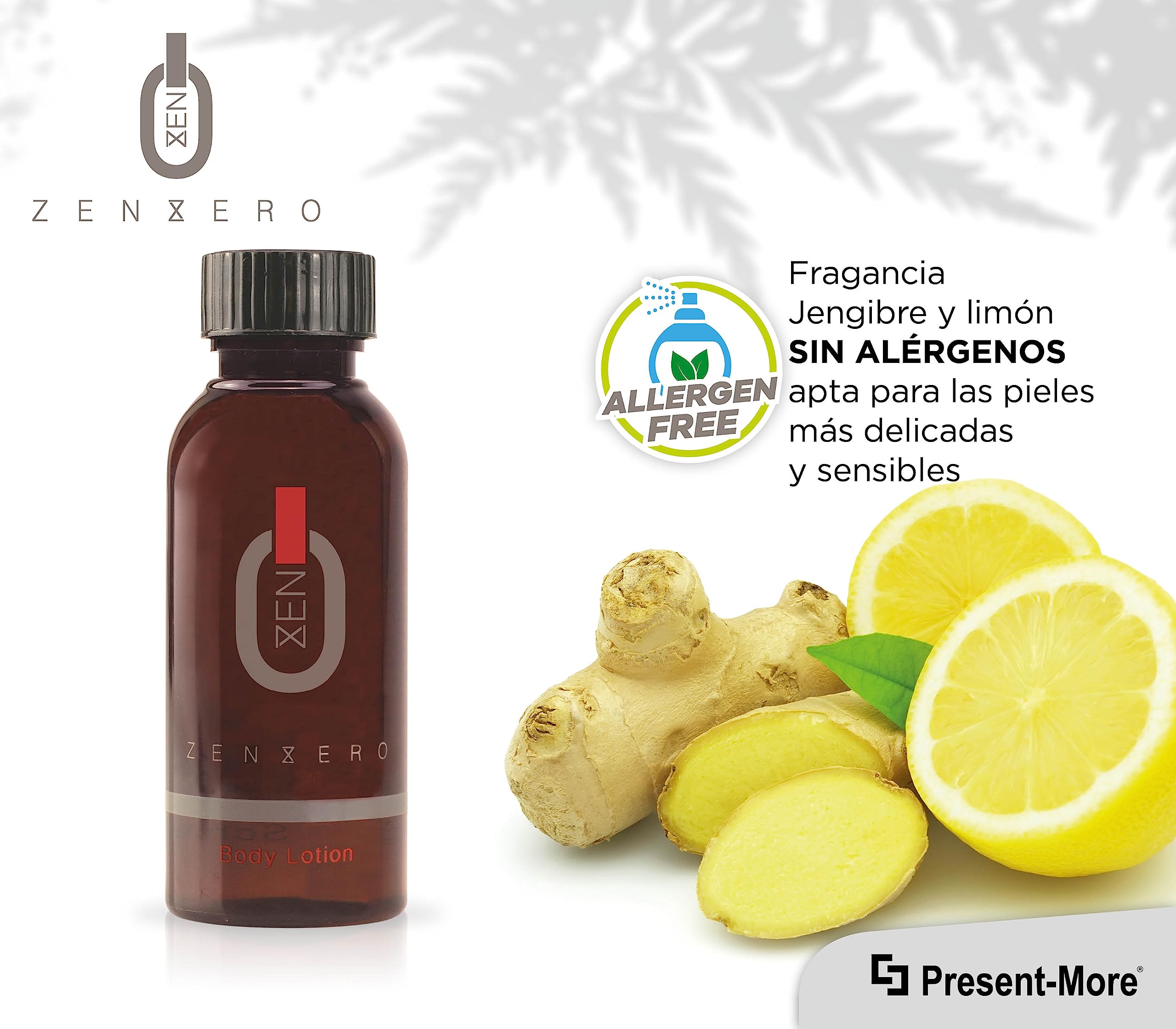 Present-More Crema corporal 45ml Zenzero - Crema cuerpo 250 unidades para Hoteles y B&B | Crema cuerpo sin alérgenos con fragancia Jengibre y Limón