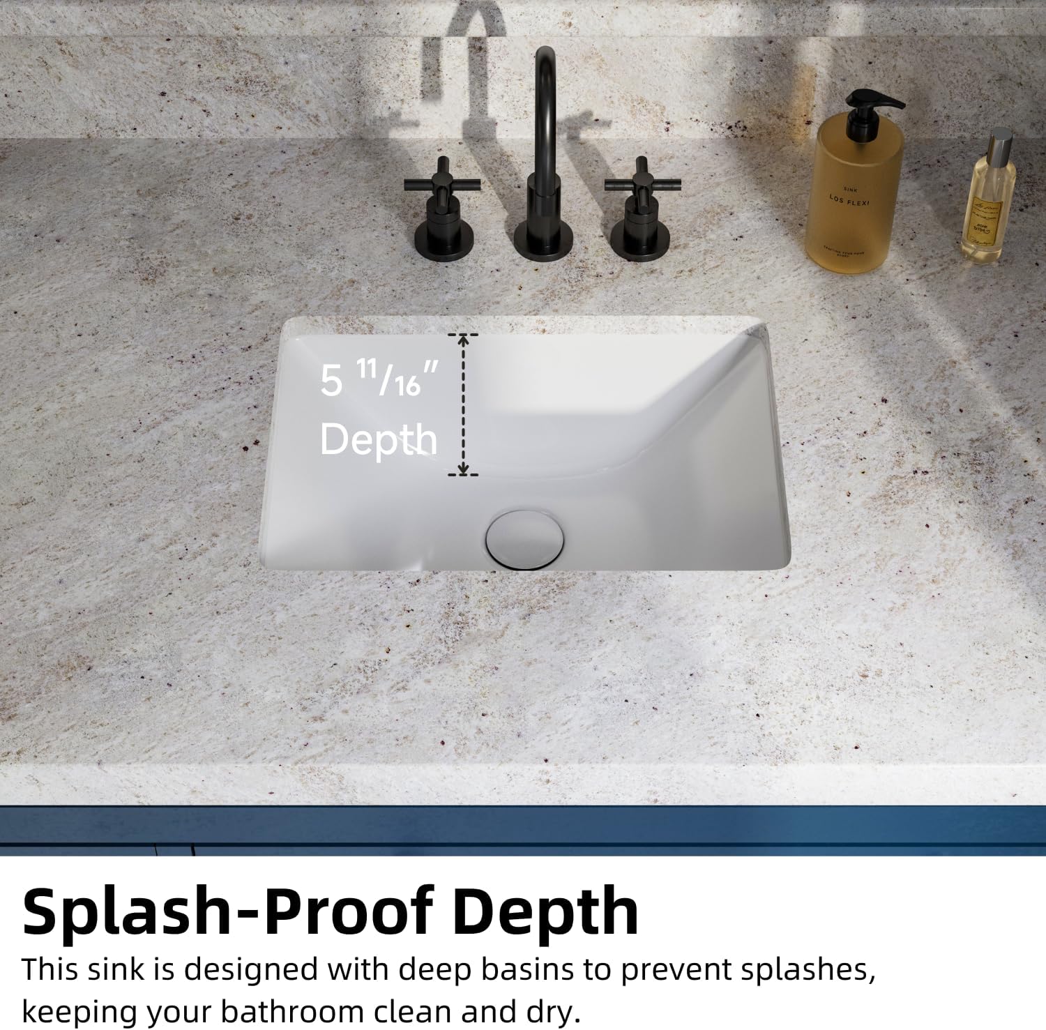 Close-up image showing the 5 11/16 inch depth of the sink basin, labeled as 'Splash-Proof Depth'.