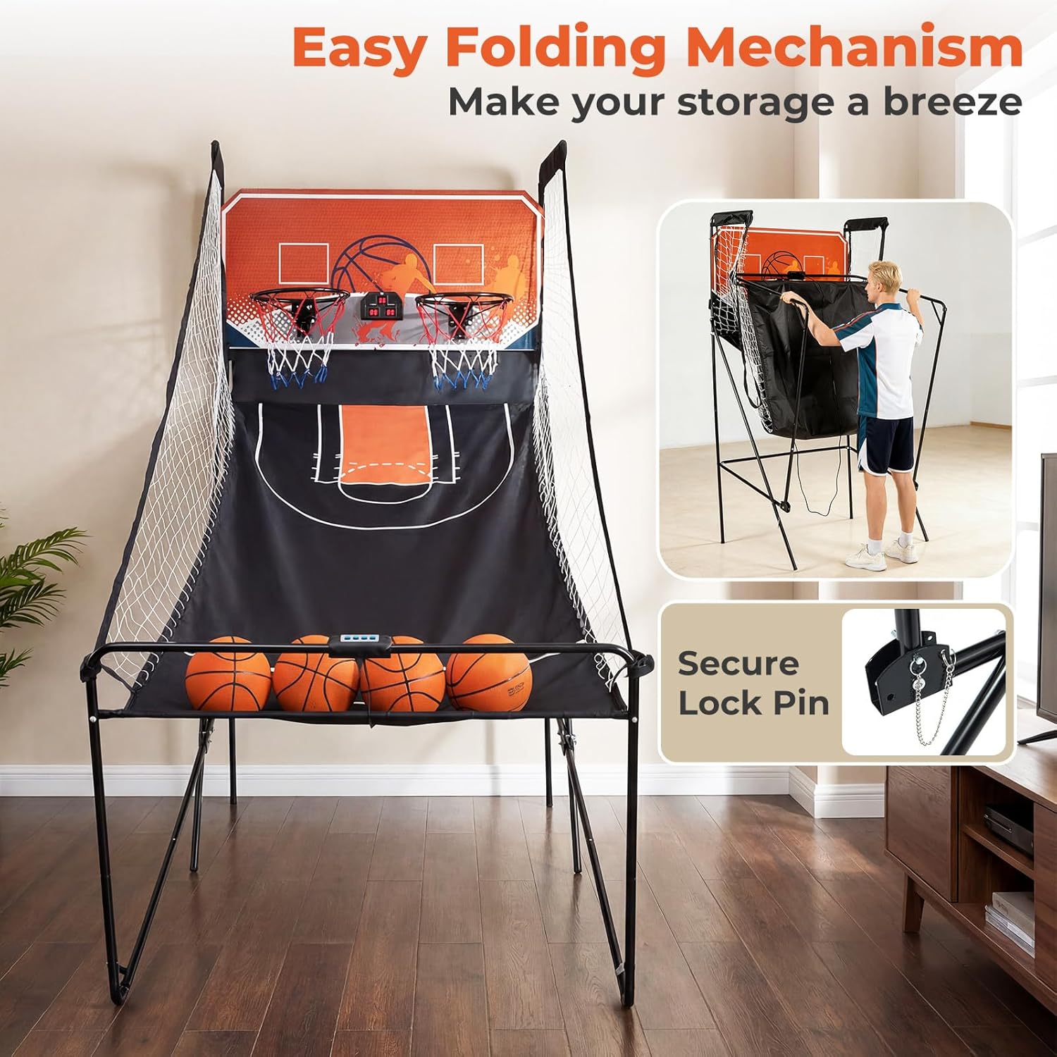 Goplus Foldable Dual Shot Basketball Arcade Game, Electronic Basketball Hoop w/LCD Scoreboard, 8 Game Modes, 4 Balls, Indoor Outdoor Basketball Game Machine for Adults (Orange)