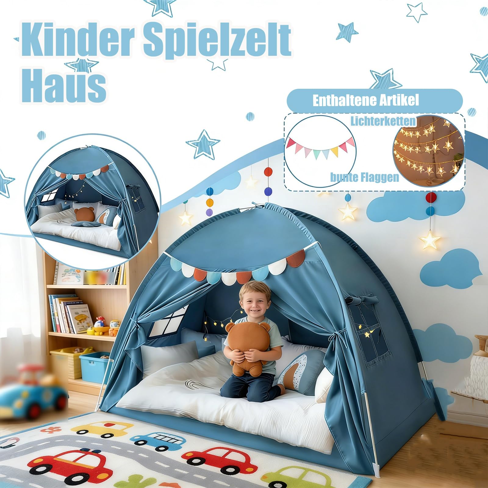 Kinderzelt Indoor,Zelt Kinderzimmer Mits Buntens Fahnen,Tipi Zelt für Kinder,Spielzelt Kinder Indoor,Faltbars Spiels Haus für Gartens Campings (G-Blau-[194x98x120cm])