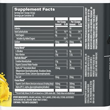 Sunwarrior Pre Workout Powder Energy Drink Non-Stim & Caffeine Free | Vegan Plant-Based Supplement | Pump Hydrate Focus Endurance & Strength Builder | Yuzu Mango Flavored 30 Serving Active Preworkout