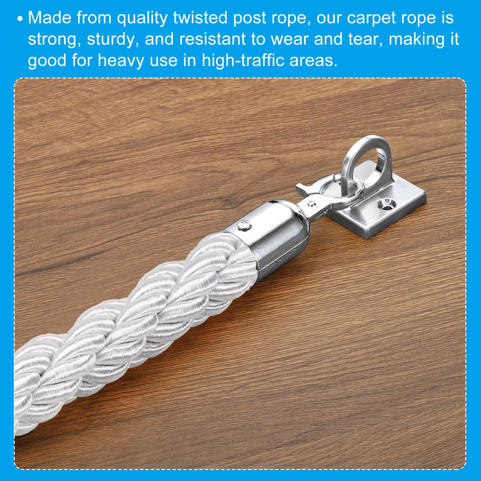 PATIKIL Corda Montante, 1,5m/5Ft Corda Barriera Ritorto Posto Corde con Ganci Scatto per Posti Supporti Coda Divisore Controllo Folla di Hotel, Bianco Argento