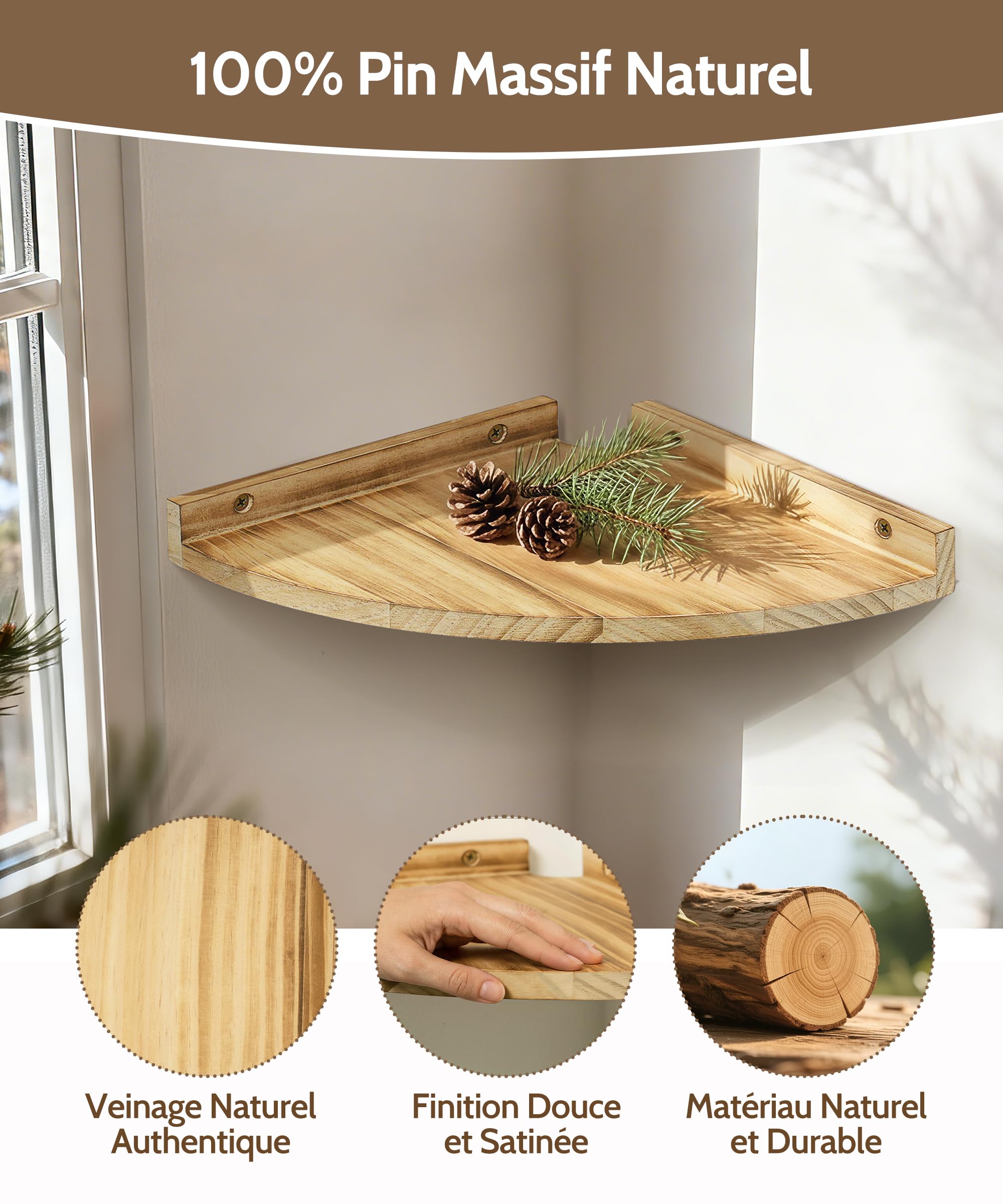 Étagères d’Angle Murales en Bois Style Vintage pour Salon Lot de 3 | Tablettes indépendantes suspendues, Passe-câble arrière,pour plantes, cadres et déco, salle de bain, cuisine, chambre