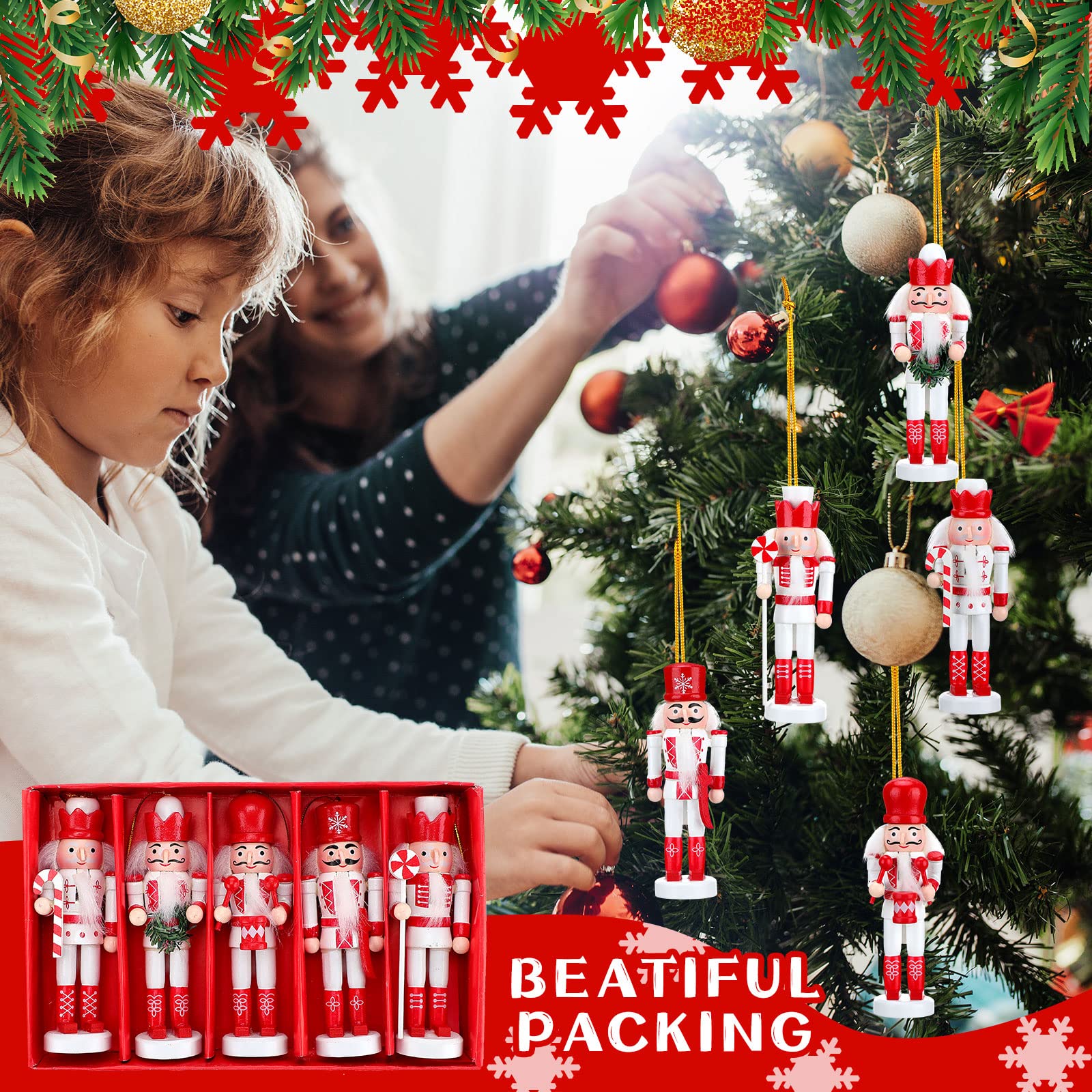 5 Set Weihnachten Nussknacker Ornamente Set Glitzer Zuckerstange Holz Soldat Figuren 5 Zoll Rosa Nussknacker Hängende Dekoration Weihnachten Nussknacker Figuren Ornamente Urlaub Xmas Tree Decor