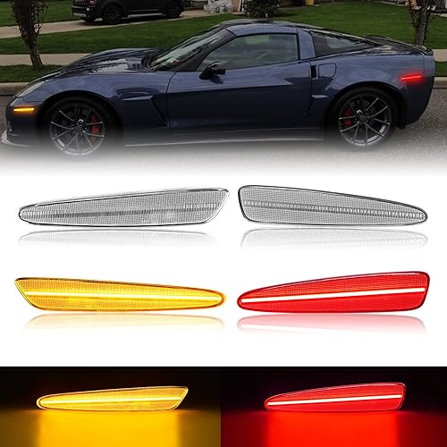 R&F Auto 4 luces LED de posición laterales compatibles con Corvette C6 (2005-2013)Z06ZR1Grand SportZ06 carbón ámbar rojo LED sidemarker lámparas