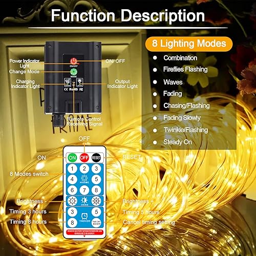 Miniatura 4 de Tira de luces solares para exteriores, 72 pies, 8 modos, 200 luces LED solares de jardín, luz de tubo impermeable con control remoto para piscina,
