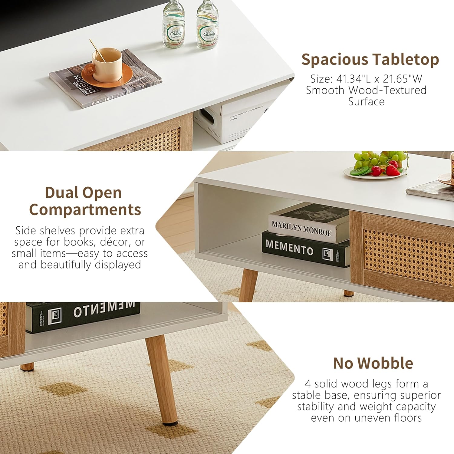 Modern 41.34" Rattan Coffee Table with Sliding Door & Storage, Mid-Century Boho Center Table with Solid Wood Legs and Open Shelf, Space-Saving Design Wood Table for Living Room Apartment